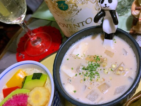 新玉葱と蕎麦の実のお豆腐豆乳スープ